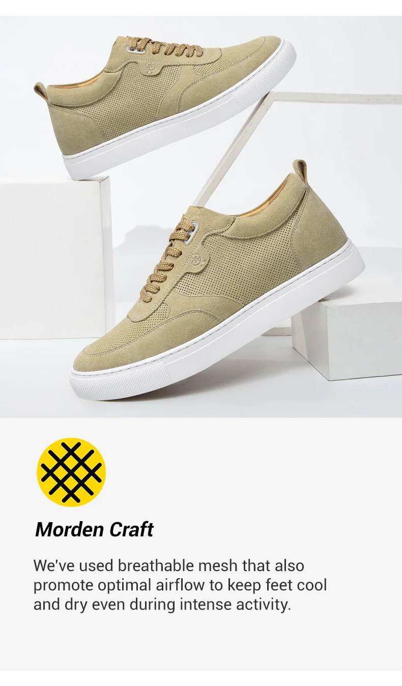 Men's Casual Height Increasing Shoes - Light Yellow Breathable Leather Sneakers 02