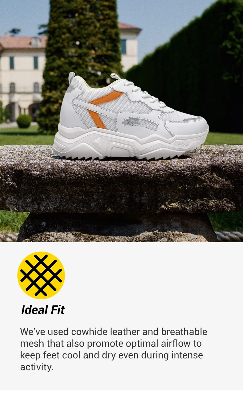 Elevator Sneakers For Women - Hidden High Heel Shoes - White Mesh Sneakers With Orange Accents 10 CM / 3.94 Inches     01