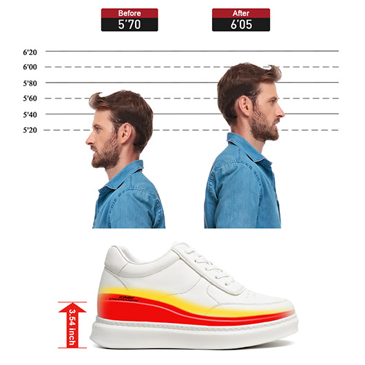 Men's Shoes With Higher Heels - White Leather Elevator Shoes That Make You Taller 9CM / 3.54 Inches