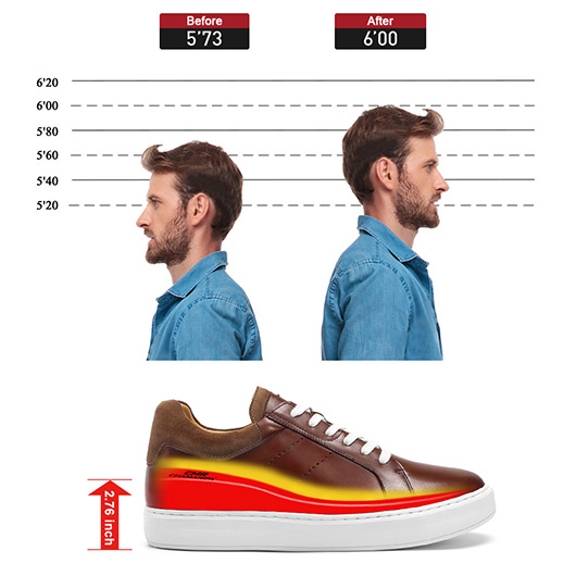 men's height increaisng shoes - brown leather elevator sneakers that make you look taller 7CM / 2.76 Inches