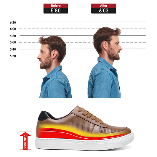 Height Increasing Casual Shoes - Breathable Brown Leather Mens Shoe That Make You Taller 2.36 Inches / 6 CM