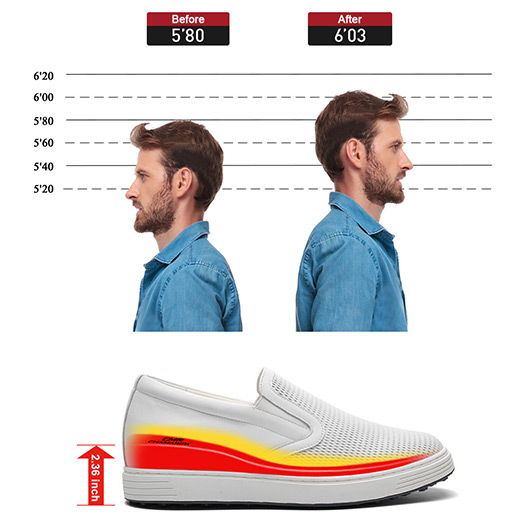 Men's Height Increasing Shoes - White Leather Slip-On Casual Shoes 6CM / 2.36 Inches