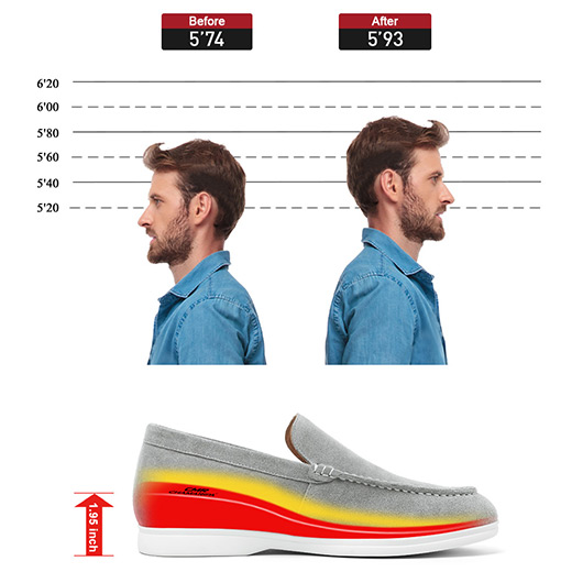 Elevator Shoes for Men - Gray Suede Apron toe Loafer Shoes that Make You Taller 5 CM / 1.95 Inches