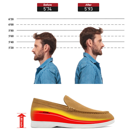 Elevator Shoes for Men - Brown Suede Apron toe Loafer Shoes that Make You Taller 5 CM / 1.95 Inches