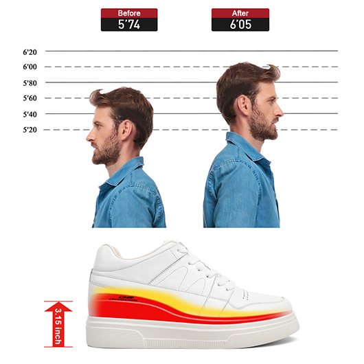 Casual Elevator Shoes For Men - White Leather Height Increasing Sneaker 8CM / 3.15 Inches