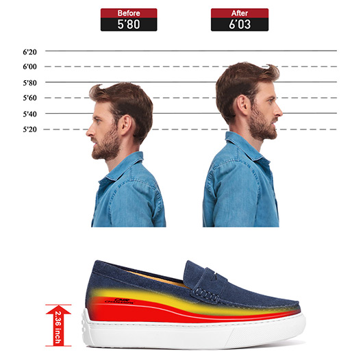 Height Increasing Slip On Shoes - Blue Suede Casual Taller Shoes For Men 2.36 Inches / 6 CM