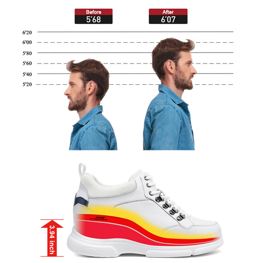 height increasing sneakers - men elevator sneakers shoes - white leather shoes 3.94 Inches