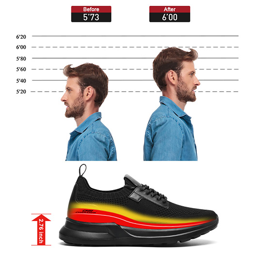 elevator sneakers for men - black Knit Fabric height increasing sports shoes 7CM / 2.76 Inches