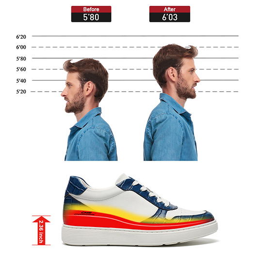 Casual Elevator Shoes For Men - White & Blue Leather Height Increasing Shoes 2.36 Inches / 6CM