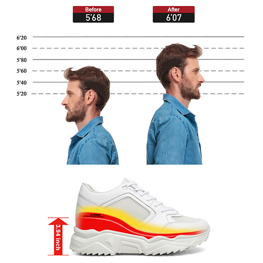 Height Increasing Sneakers for Men - White Leather Shoes That Make You Taller 10CM / 3.94 Inches