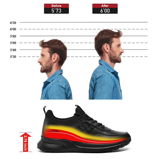 Men's Shoes With Higher Heels - Black Cowhide Leather Height Increasing Sneakers 7 CM