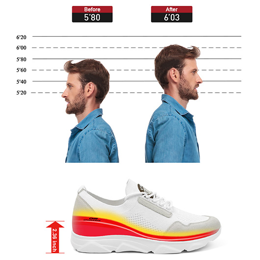 Elevator Sneakers For Men - White Knit Height Boosting Shoes To Look Taller 2.36 Inches / 6 CM