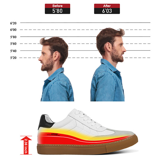 Casual Elevator Shoes For Men - Off-White Leather Lightweight Low-Top Sneakers 2.36 Inches / 6 CM