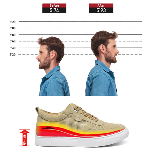 Men's Casual Height Increasing Shoes - Light Yellow Breathable Leather Shoes That Make You 1.95 Inches / 5 CM Taller
