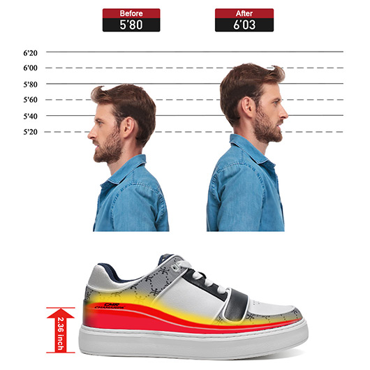 Casual Elevator Shoes For Men - White Leather & Grey Printed Cloth Height Increasing Shoes 2.36 Inches / 6 CM