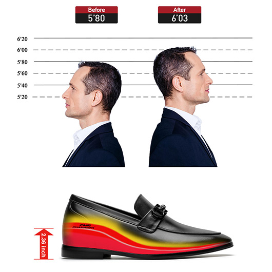 Casual Height Increasing Shoes - Hidden High Heel Shoes For Men - Black Calfskin Slip-On Loafers 6 CM