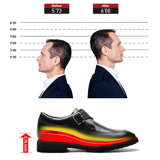 Height Increasing Dress Shoes For Men - Black Leather Monkstrap Shoes 2.76 Inches / 7CM