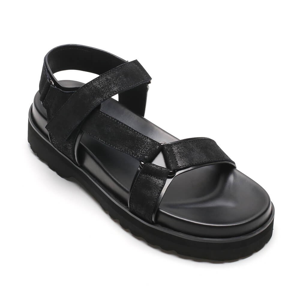Chamaripa elevator sandals black leather height increasing slipper ...