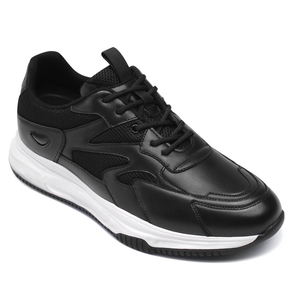 Black Cowhide Leather Elevator Sneakers Shoes For Men