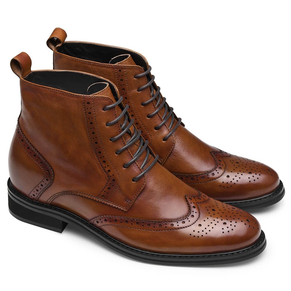 CHAMARIPA verhogende schoenen laarzen met hoge hak voor mannen Bruine leren brogue laarzen 7 CM ...