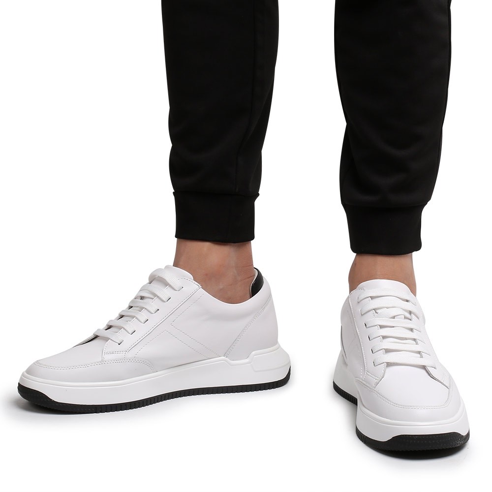 Chamaripa Elevator Sneakers For Men White Leather Hidden Heel